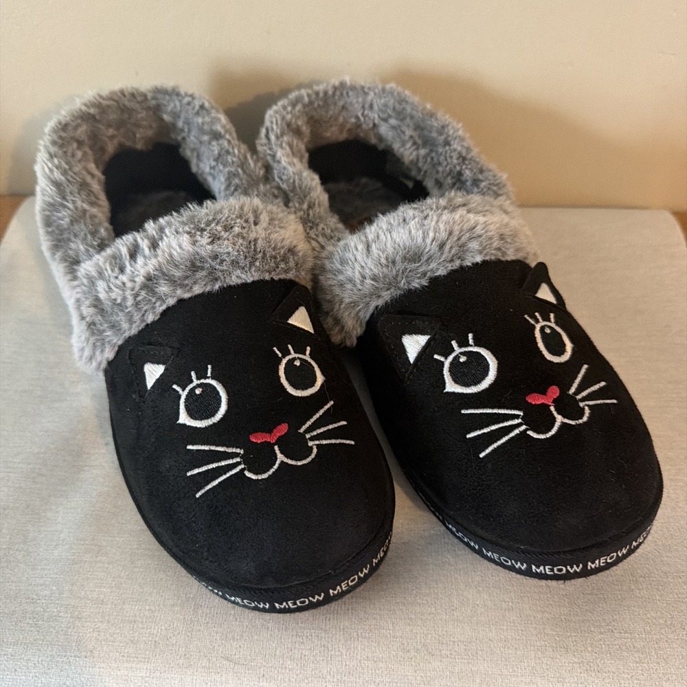 Skechers Bobs Women's 8.5 Too Cozy Meow Cat Black Slippers Shoes SOFT FUR LINED